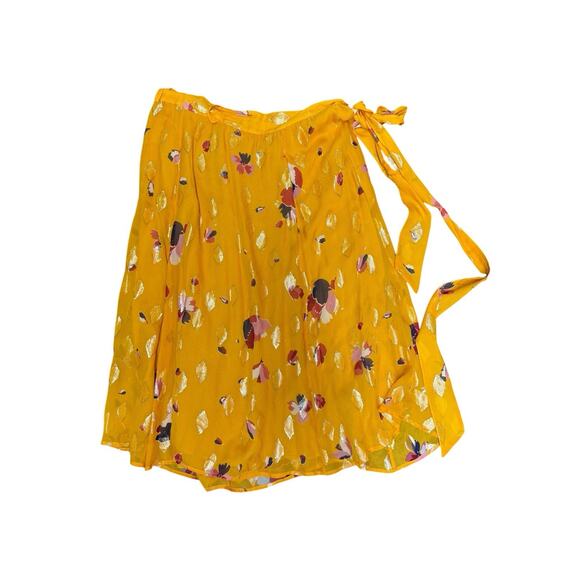 Sézane Silk Floral Wrap Skirt Yellow Gold Metallic Midi 44 US 12 Viscose Lining - Picture 4 of 14